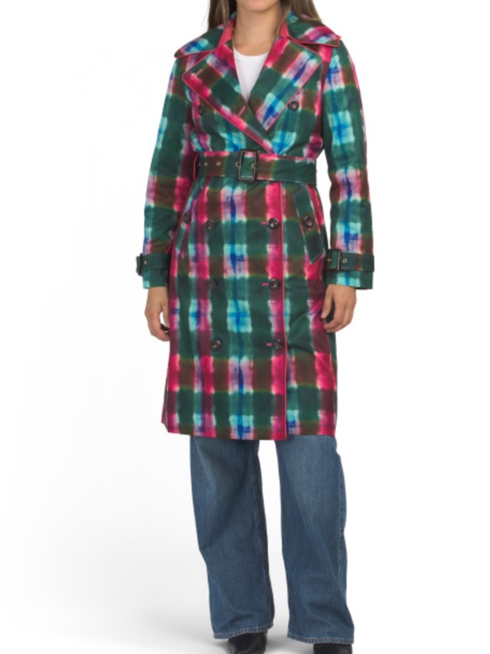 ISAAC MIZRAHI Belted Plaid Trench Coat - Pink & Green